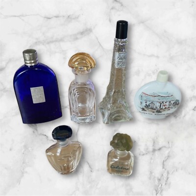 SECHS VINTAGE PARFÜMFLAKONS, BOURJOIS, GUERLAIN, CABOTINE ETC.