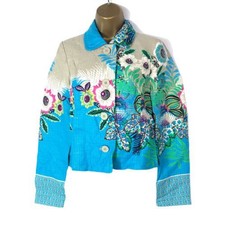 Passport Ladies Blue Floral Print Jacket Sz 6 Long Sleeve Button Collared Cotton
