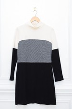 Vintage Milly Colorblock Wool Sweater Dress A-Line Gray Black Ivory Size L Retro