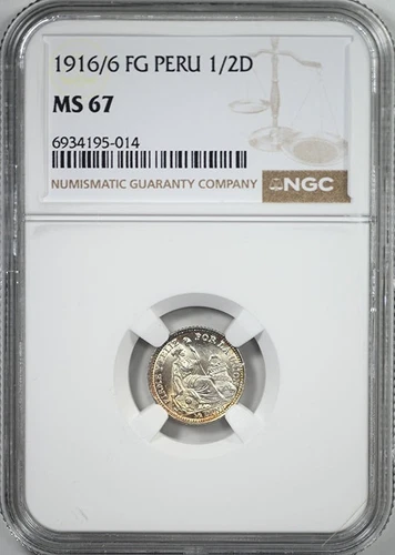 1916/6 FG Peru 1/2D Dinero NGC MS67 - TOP POP!