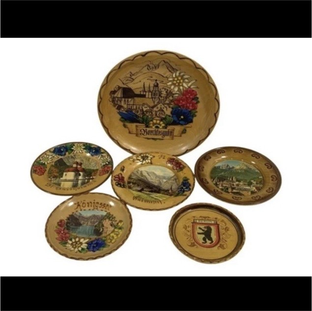 Lot of 6 German Vintage Wood Collector Plates.