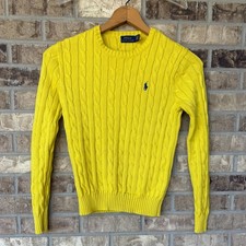 Polo Ralph Lauren Yellow Cable Knit Sweater 100 Cotton Sz SMALL Blue Logo Women