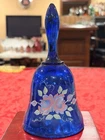 Vintage Fenton Cobalt Blue Hand Painted Glass Bell Pink Roses Artist Signed 6.5"