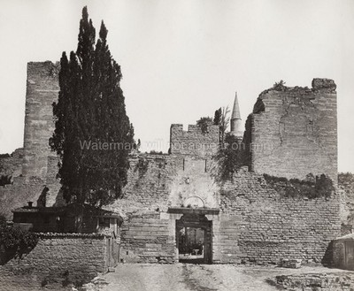 Constantinople Topkapi Gate Ottoman Walls Minaret Cypress Tree Vtg. Photo 19thC.
