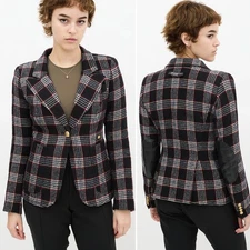 Smythe Duchess Blazer Black Plaid Check Gold Buttons Elbow Patches Jacket Size 6