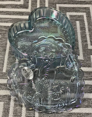 Vintage Fenton Blue Iridescent Heart Shaped Hummingbirds Trinket Box