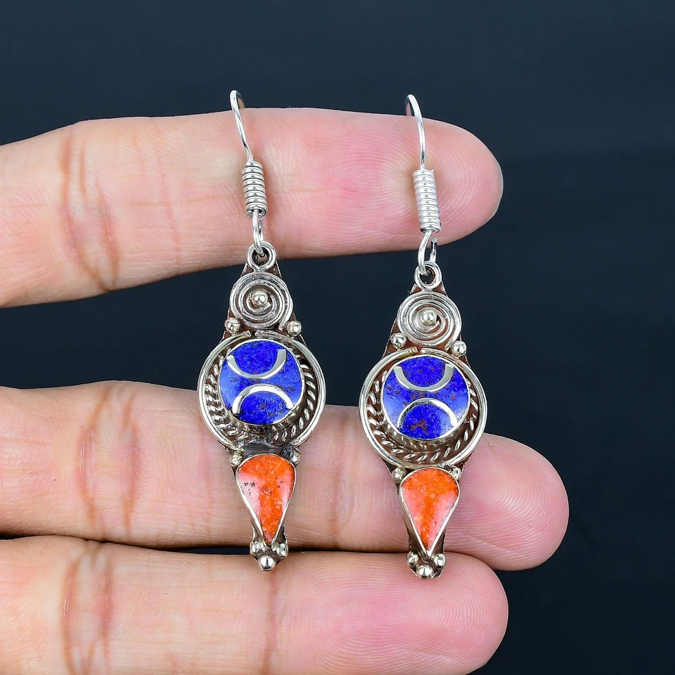 Orecchino nepalese tibetano argento sterling 925 etnico corallo rosso... - Immagine 2 di 4