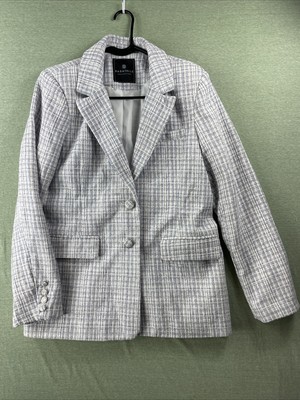 Bagatelle Blazer Jacket Women L Gray White Plaid 2 Button Lined Pockets Classic