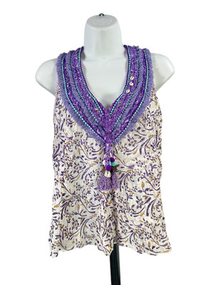 Poupette St Barth Women's Purple Semi-Sheer Floral Fringe Trim Tank Top - XS