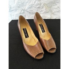 Etienne Aigner  Dance  Brown Croc Embossed Leather Peep Toe Heels 7M Spain Y2K