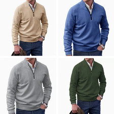 Men Sweater Quarter Zip Pullover Casual Knit Cotton Long Sleeve Mock Neck Jumper