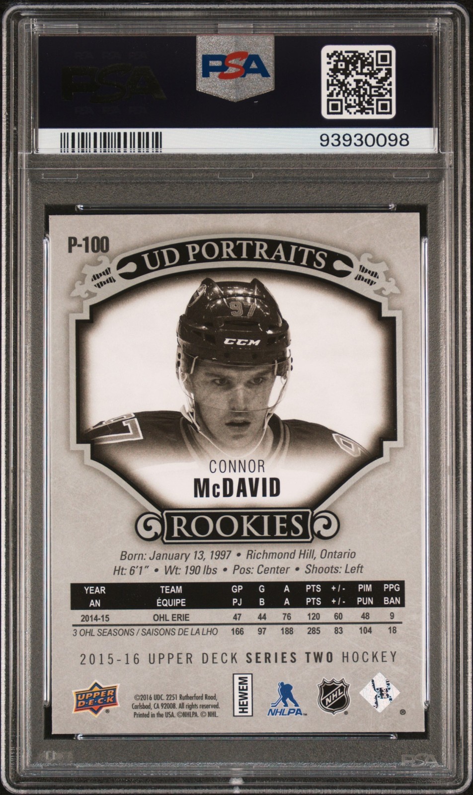 2015 Upper Deck Connor McDavid UD Portraits #P-100 RC Oilers PSA 9 view 2