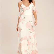 Lulus White Pink Rose Floral Cold Shoulder Maxi Dress V-Neck Tiered Small