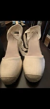 Saks Fifth Avenue Women's Linen Strap Wedge Polina Espadrilles Sandals Shoes 8.5