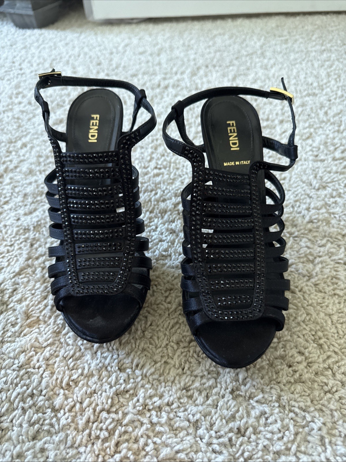 Fendi High Heel Women’s Shoes Size 38 Black Satin With Crystals