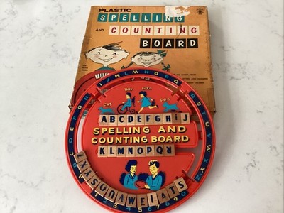 Vintage 1950s Kids Spelling Counting Plastic Wheel Wood Letters Cat Dog Boy Girl
