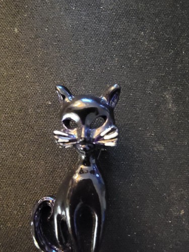 Vintage Siamese Cat Brooch Mid Century Modern Black Iridescent Kitty 1 3/4" - Picture 2 of 5