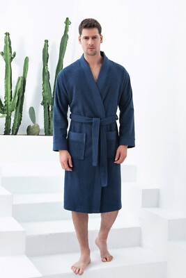 SEYANTE Men's Luxury Kimono Terry Bathrobe Rice Weave Trim - 100% Turkish Cotton