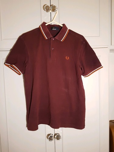 mens medium fred perry polo shirt - brown with white & orange