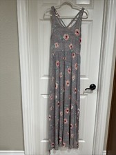 SO M Sleeveless Maxi Dress Gray Multi Floral Side Slits Coastal Cottagecore