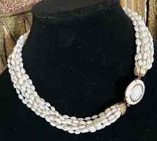 Vtg Hong Kong White Plastic Beaded Necklace Multi-Strand 18  Retro Glamour Core