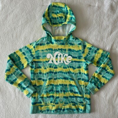 NIKE Youth Large Girls Tie-Dye Blue Yellow Spell Out Hoodie Sweatshirt EUC  L