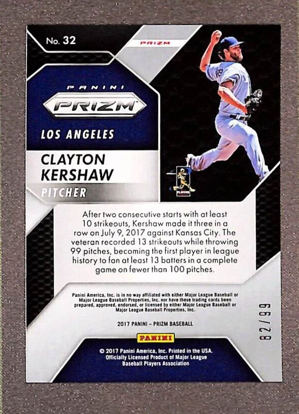 2017 Panini Prizm #32 Clayton Kershaw Purple Scope Prizm SP #/99 - LA Dodgers  - Image 2 of 3