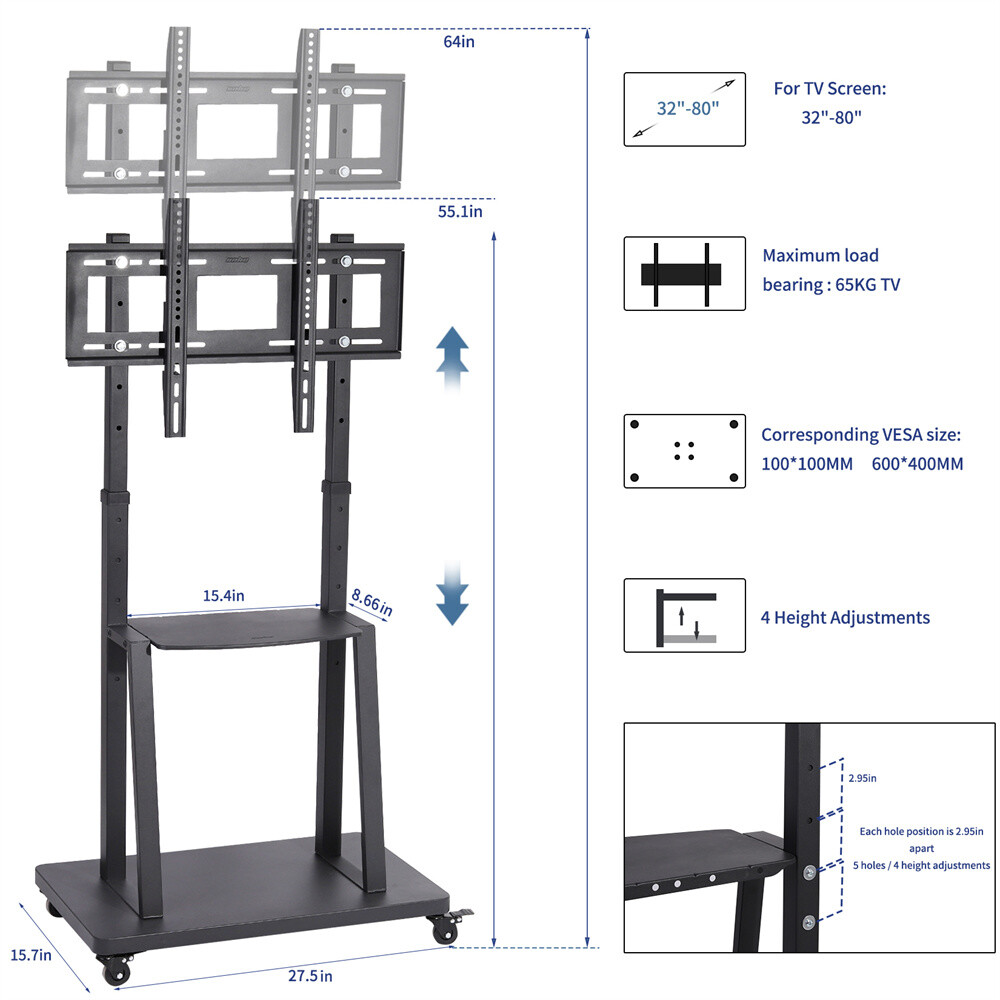 With Wheels For 32-100 In Flat Curved Screen Tvs