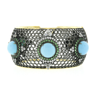 18k Black Gold Turquoise Tsavorite & Diamond Honeycomb WIDE Cuff Bangle Bracelet