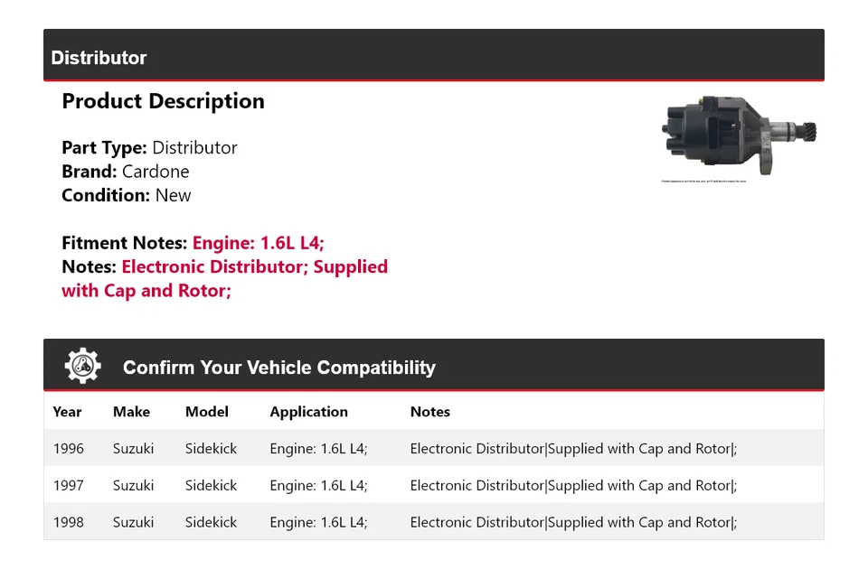 Para Suzuki Sidekick 1996-1998 1,6 L L4 Distribuidor Cardone 1997 Foto 2 de 4
