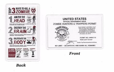 Zombie Hunters & Trappers Permit; Zombie Hunting; Carry Card; Laminated L@@K