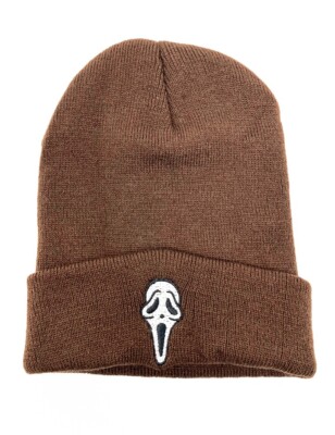 Coffee Brown ''SCREAM'' Face Knit Beanie Hat, Skull Cap.  Humor, Cult Classic