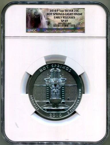 NGC-SP69 2010-P HOT SPRINGS, AR., LIGHT FINISH, 5-OZ. SILVER ATB Coin - E. R,