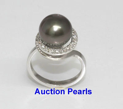 Bague En Perle De Tahiti 18kt 11 mm AAA Noire Avec Pourpre Or Blanc - Photo 1/3