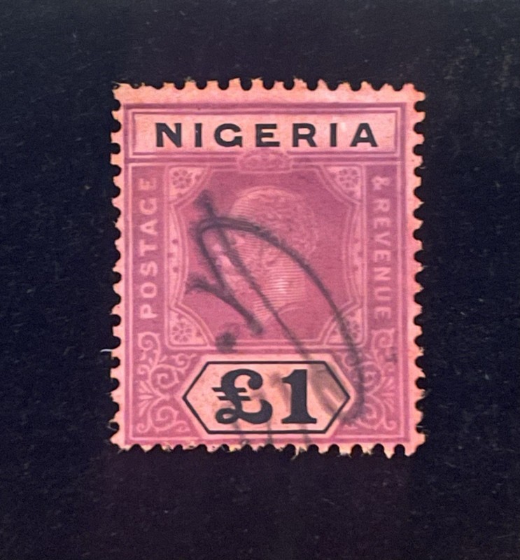 1914 SC#12 British Nigeria 1£ King George V Black/Chalky Red Stamp Cancel and WM