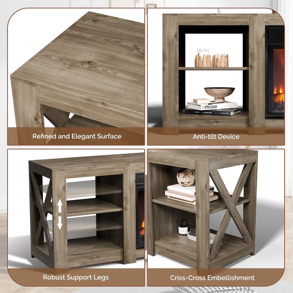 Gabinete de chimenea eléctrica de 58 pulgadas con calentador de llama realista - transparente y gris Foto 4 de 4