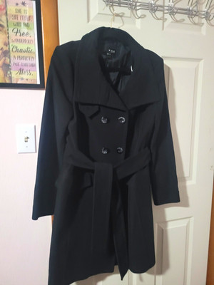 MNG by Mango Women s L Black Cotton Pea Coat Double-Breasted Belted Lined