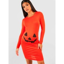 New Medium Maternity Pregnancy Halloween Bodycon Dress Orange Pumpkin Costume