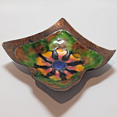 Vintage Enamel on Copper Trinket Dish Mid-Century Flower MCM Pins Coins Keys