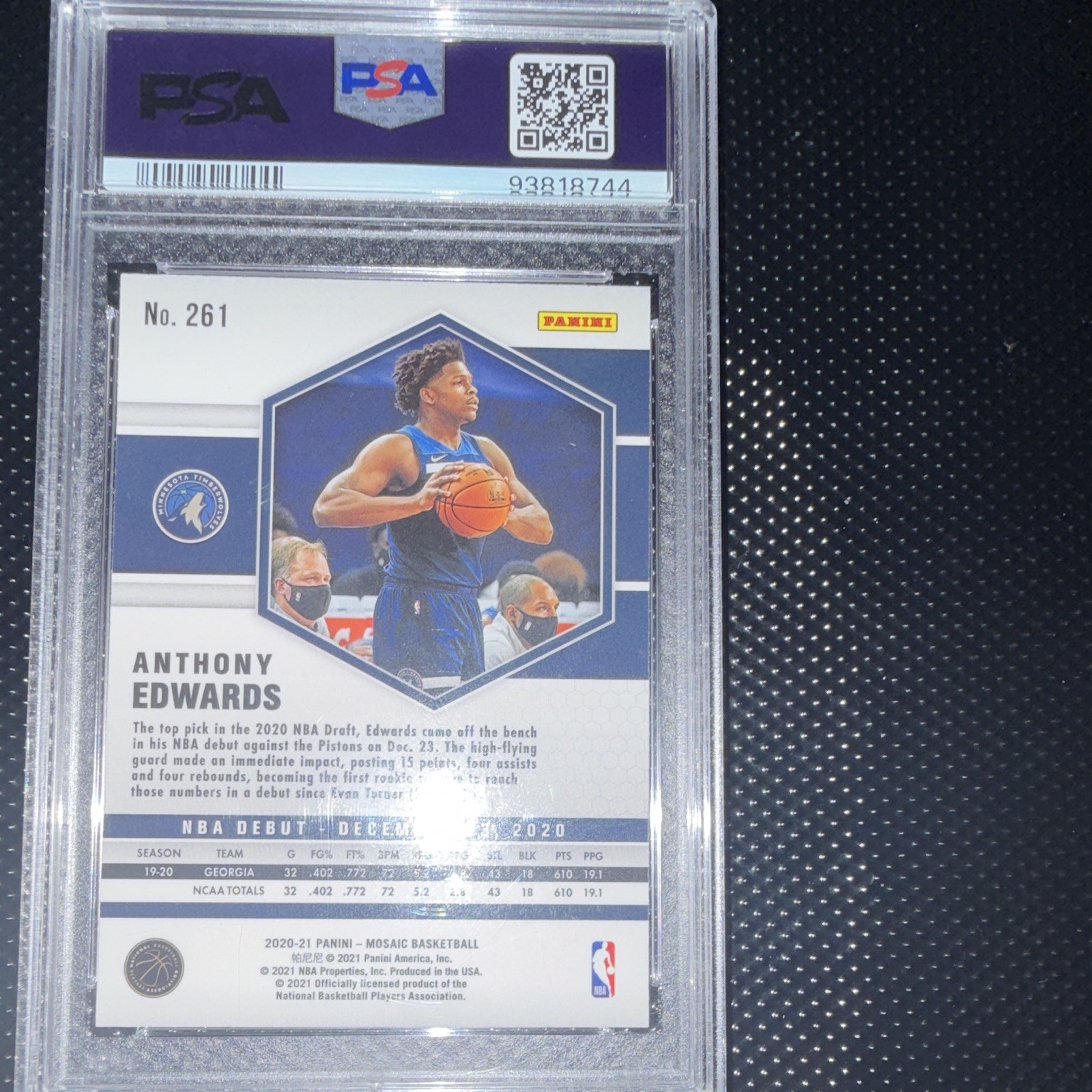 Panini 2020-21 Mosaic NBA Debut Anthony Edwards Timberwolves #261 RC PSA 10 view 2