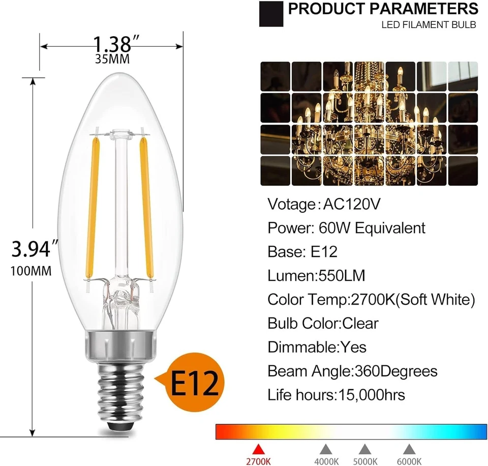 Energy-Saving 60W Equivalent Dimmable Candelabra LEDs - 550 Lumens, 24-Pack - Image 4 of 4