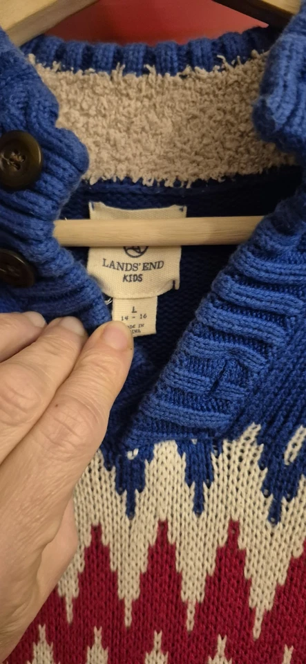 LANDS' END 男孩 14-16 蓝色 Fair Isle 长袖拉过毛衣 M 夏尔巴领 — 第 3/4 张图片