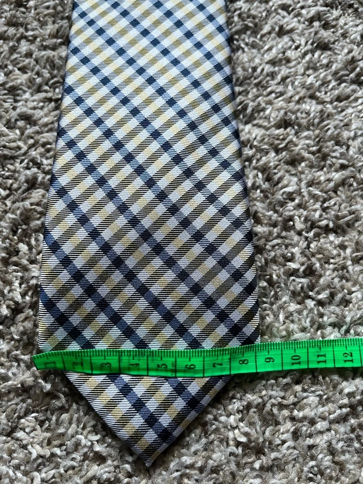 Corbata Tommy Hilfiger Hombre 100% Seda Amarillo Azul Cuadros Patrón Clásico Foto 2 de 4
