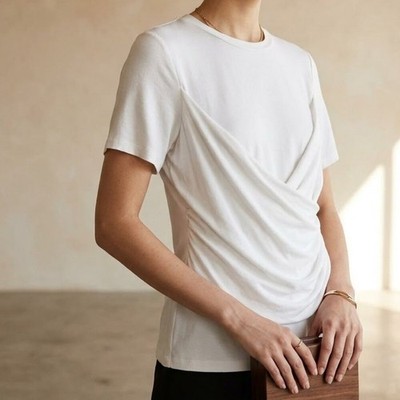 Alexis White Rayon Draped Blouse Top Stretchy Short Sleeve Size S Elegant Luxe