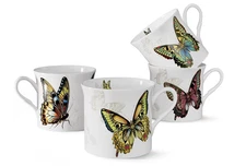 NIB Set of 4 White Ceramic Taxenxar 12 oz Coffee Mugs, Butterfly Pattern