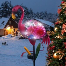 Solar Flamingo Garden Decor - Solar Pathway Lights & Stakes, Glass & Metal, W...