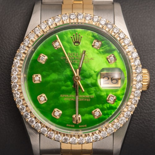 Rolex Datejust 16233 Diamants Biseau Montre 36mm Vert Cadran Mop , 2.10ct - Photo 1 sur 9