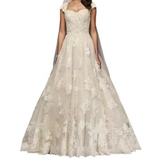 Champagne Ivory Lace Beaded Ball Gown Wedding Dress Cap Sleeves Long A Train