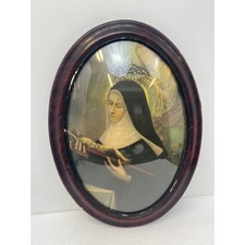 Antique Oval Wood Frame Convex Bubble Glass Religious Nun Vintage Wall Print