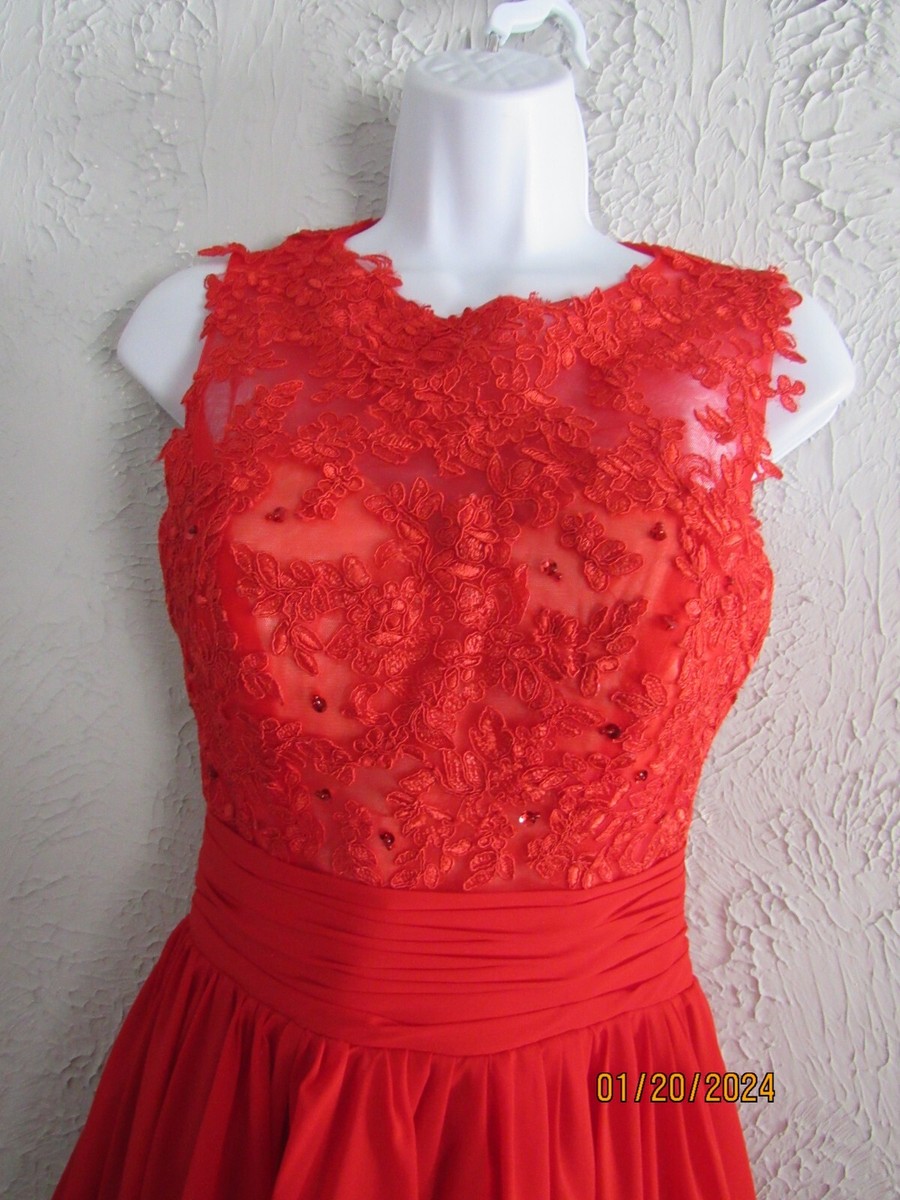 VTG red amazing cocktail dress lace top w/ bra sashed waist full satin  backless